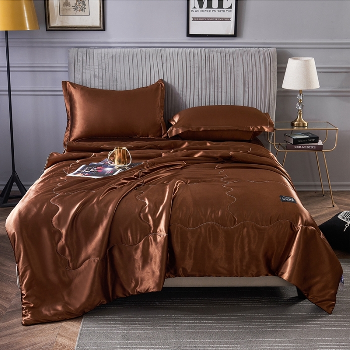 91家纺网 家纺一手货源 找家纺 被多多 2022新款真丝夏被可配四件套 咖啡色