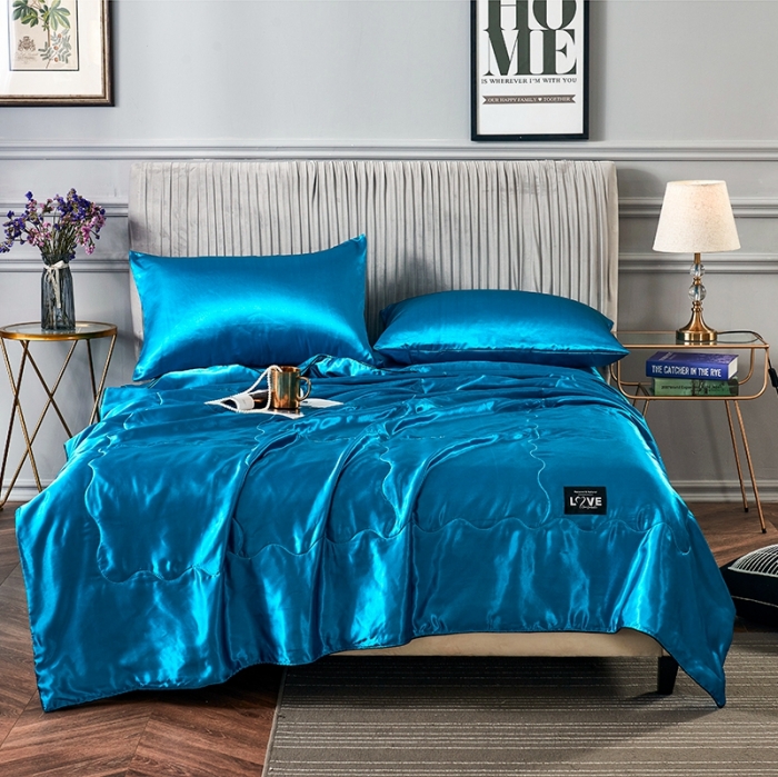 91家纺网 家纺一手货源 找家纺 被多多 2022新款真丝夏被可配四件套 梦之蓝