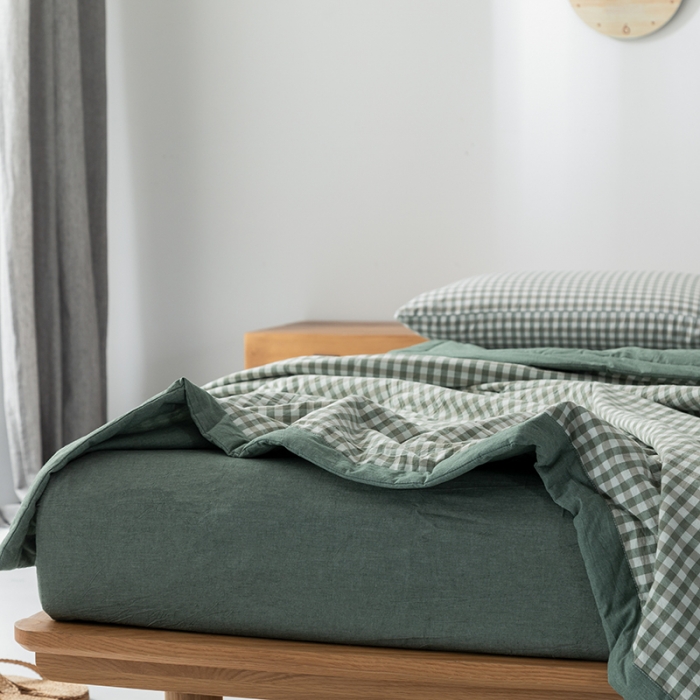 91家纺网 家纺一手货源 找家纺 棉邦 2021新款全棉水洗棉夏被四件套 草绿小格