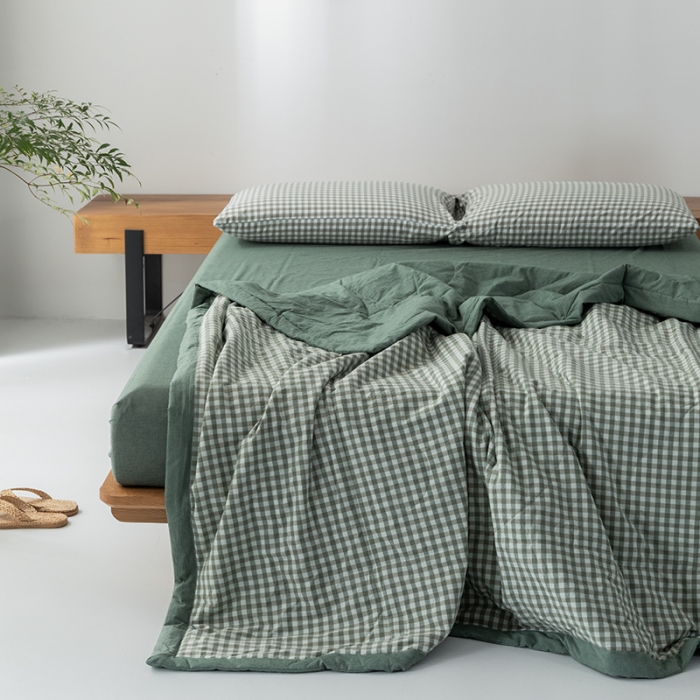 91家纺网 家纺一手货源 找家纺 棉邦 2021新款全棉水洗棉夏被四件套 草绿小格