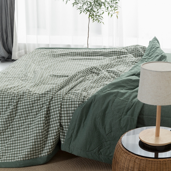 91家纺网 家纺一手货源 找家纺 棉邦 2021新款全棉水洗棉夏被四件套 草绿小格