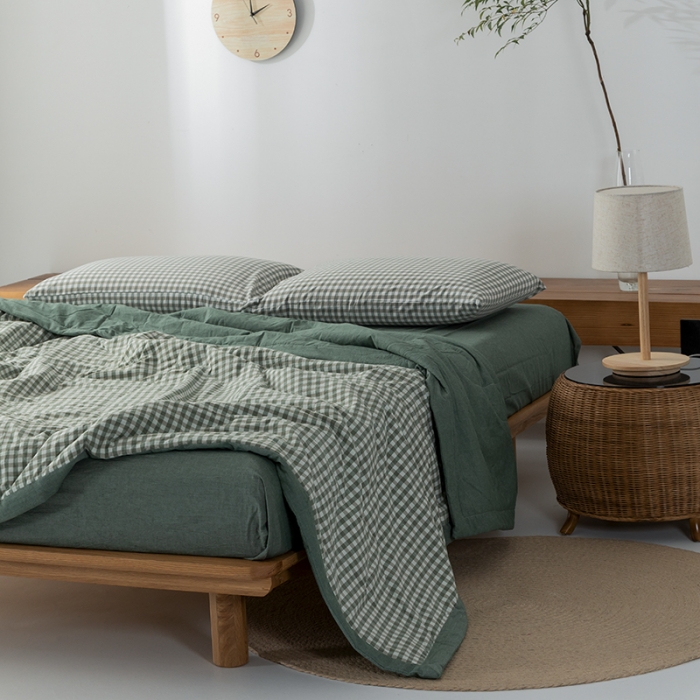 91家纺网 家纺一手货源 找家纺 棉邦 2021新款全棉水洗棉夏被四件套 草绿小格