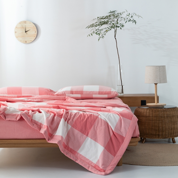 91家纺网 家纺一手货源 找家纺 棉邦 2021新款全棉水洗棉夏被四件套 红白大格