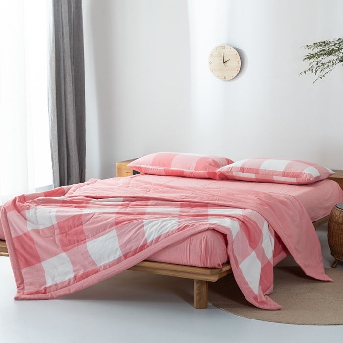 91家纺网 家纺一手货源 找家纺 棉邦 2021新款全棉水洗棉夏被四件套 红白大格