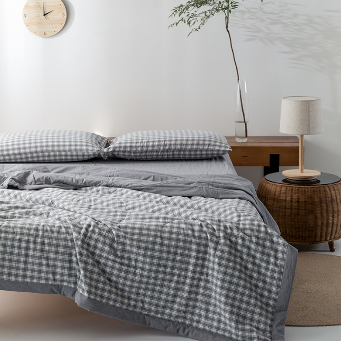 91家纺网 家纺一手货源 找家纺 棉邦 2021新款全棉水洗棉夏被四件套 幻彩格-灰