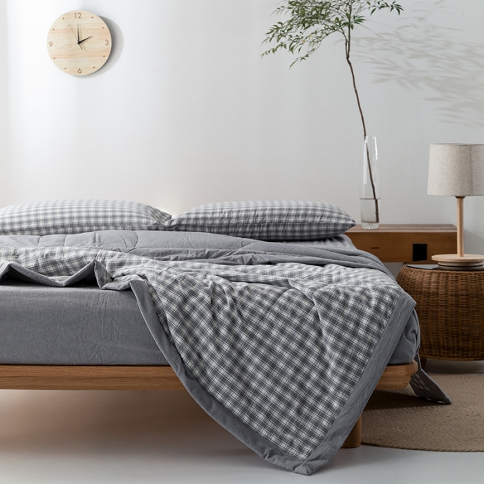 91家纺网 家纺一手货源 找家纺 棉邦 2021新款全棉水洗棉夏被四件套 幻彩格-灰