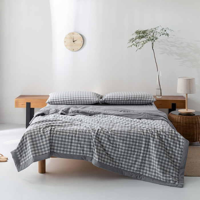 91家纺网 家纺一手货源 找家纺 棉邦 2021新款全棉水洗棉夏被四件套 幻彩格-灰