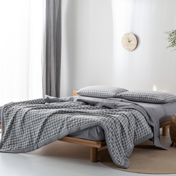 91家纺网 家纺一手货源 找家纺 棉邦 2021新款全棉水洗棉夏被四件套 幻彩格-灰