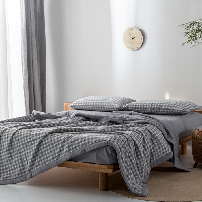 91家纺网 家纺一手货源 找家纺 棉邦 2021新款全棉水洗棉夏被四件套 幻彩格-灰