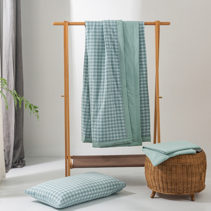 91家纺网 家纺一手货源 找家纺 棉邦 2021新款全棉水洗棉夏被四件套  幻彩格-绿