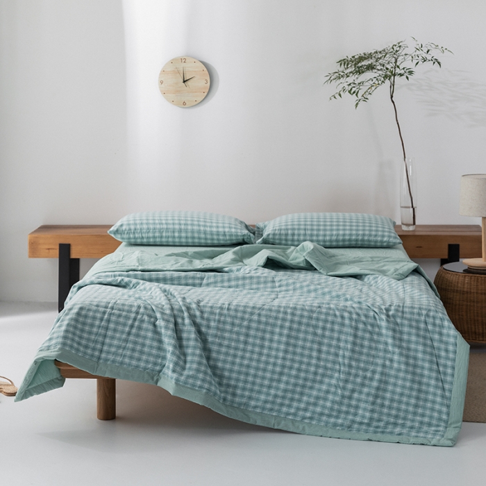 91家纺网 家纺一手货源 找家纺 棉邦 2021新款全棉水洗棉夏被四件套  幻彩格-绿