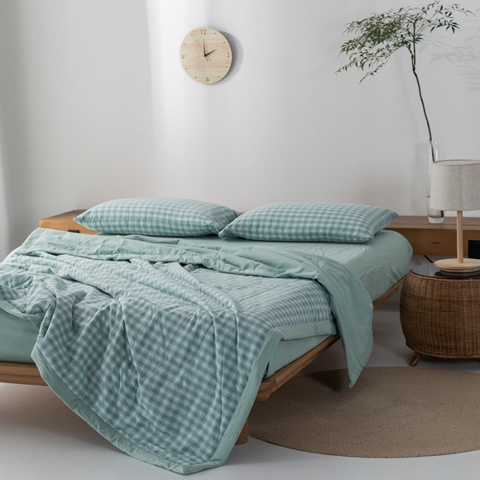 91家纺网 家纺一手货源 找家纺 棉邦 2021新款全棉水洗棉夏被四件套  幻彩格-绿