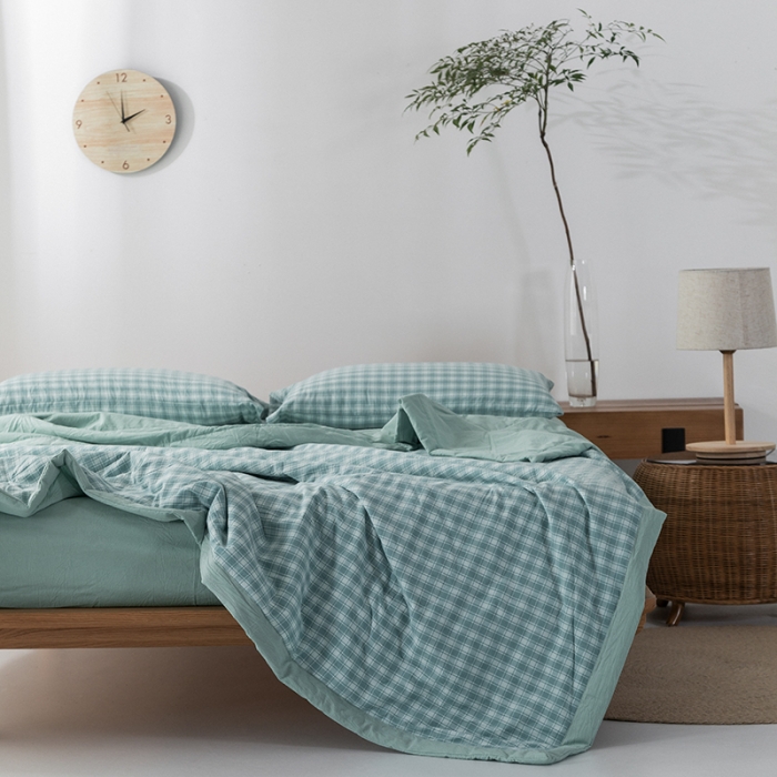 91家纺网 家纺一手货源 找家纺 棉邦 2021新款全棉水洗棉夏被四件套  幻彩格-绿