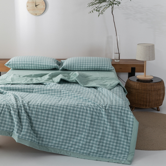 91家纺网 家纺一手货源 找家纺 棉邦 2021新款全棉水洗棉夏被四件套  幻彩格-绿