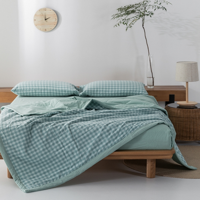 91家纺网 家纺一手货源 找家纺 棉邦 2021新款全棉水洗棉夏被四件套  幻彩格-绿