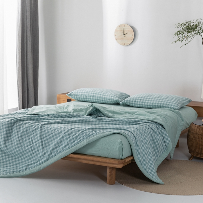 91家纺网 家纺一手货源 找家纺 棉邦 2021新款全棉水洗棉夏被四件套  幻彩格-绿