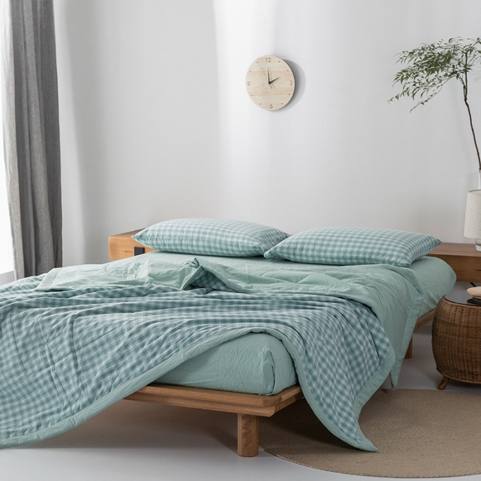 91家纺网 家纺一手货源 找家纺 棉邦 2021新款全棉水洗棉夏被四件套  幻彩格-绿