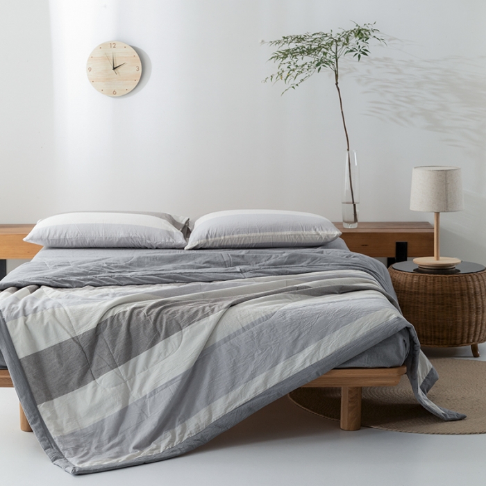 91家纺网 家纺一手货源 找家纺 棉邦 2021新款全棉水洗棉夏被四件套 灰白宽条