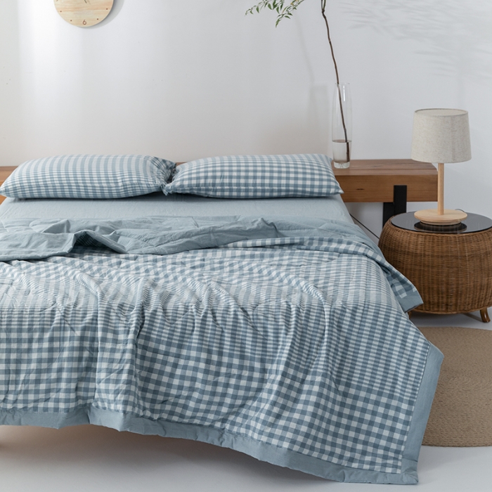 91家纺网 家纺一手货源 找家纺 棉邦 2021新款全棉水洗棉夏被四件套  渐变蓝格