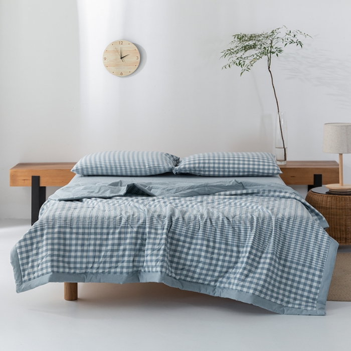 91家纺网 家纺一手货源 找家纺 棉邦 2021新款全棉水洗棉夏被四件套  渐变蓝格