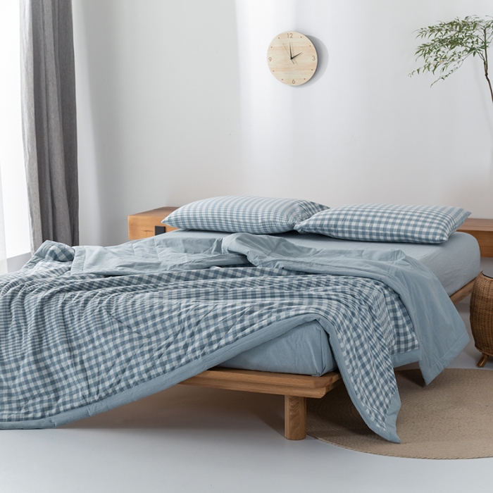 91家纺网 家纺一手货源 找家纺 棉邦 2021新款全棉水洗棉夏被四件套  渐变蓝格