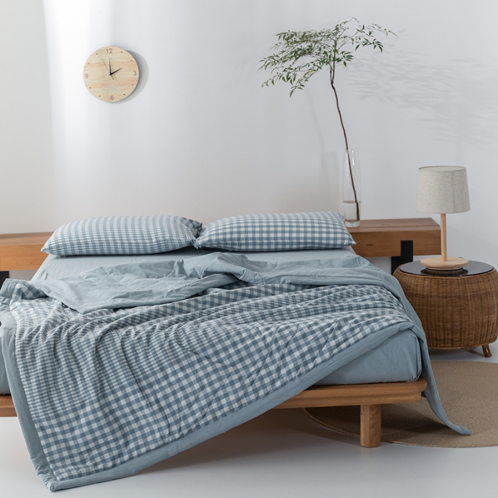 91家纺网 家纺一手货源 找家纺 棉邦 2021新款全棉水洗棉夏被四件套  渐变蓝格