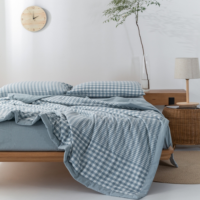 91家纺网 家纺一手货源 找家纺 棉邦 2021新款全棉水洗棉夏被四件套  渐变蓝格