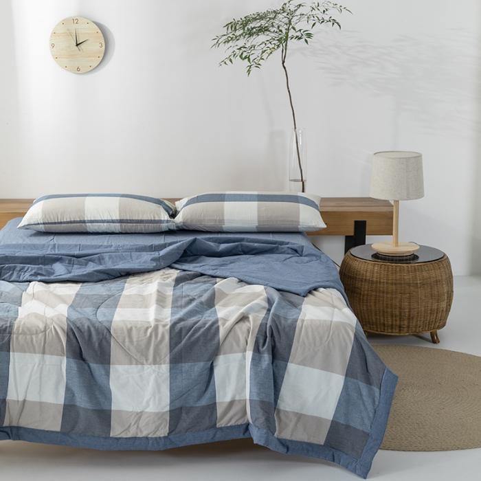 91家纺网 家纺一手货源 找家纺 棉邦 2021新款全棉水洗棉夏被四件套 蓝白大格