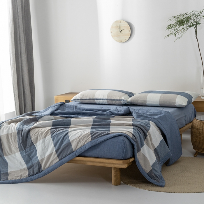 91家纺网 家纺一手货源 找家纺 棉邦 2021新款全棉水洗棉夏被四件套 蓝白大格