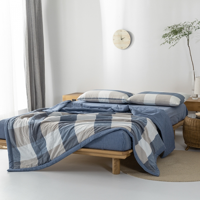 91家纺网 家纺一手货源 找家纺 棉邦 2021新款全棉水洗棉夏被四件套 蓝白大格