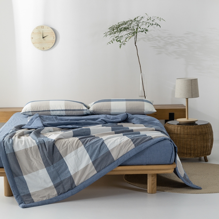 91家纺网 家纺一手货源 找家纺 棉邦 2021新款全棉水洗棉夏被四件套 蓝白大格