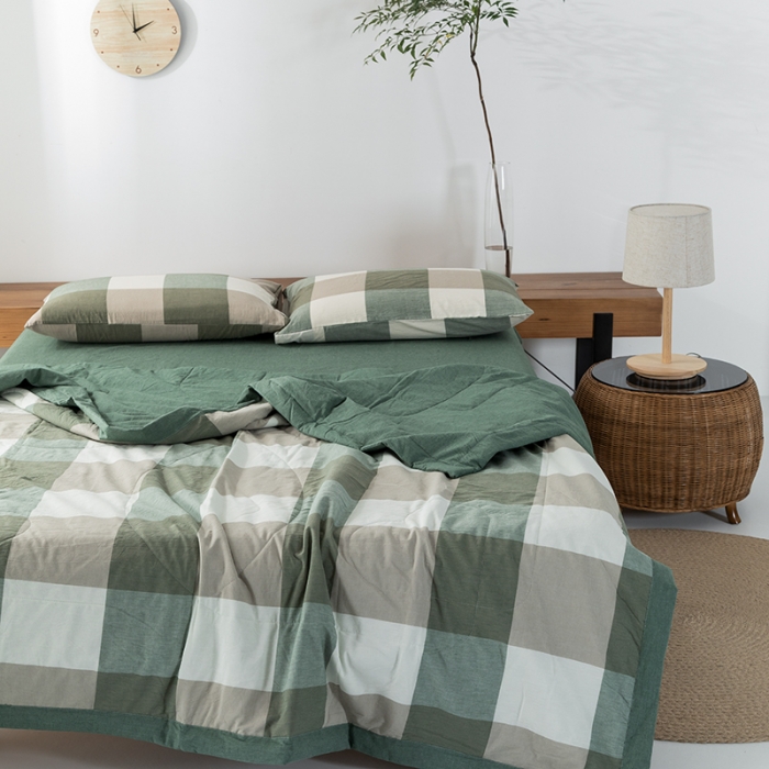 91家纺网 家纺一手货源 找家纺 棉邦 2021新款全棉水洗棉夏被四件套 绿大格