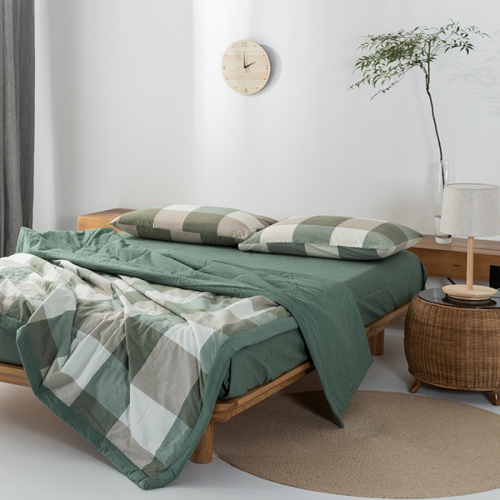 91家纺网 家纺一手货源 找家纺 棉邦 2021新款全棉水洗棉夏被四件套 绿大格