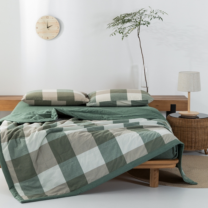 91家纺网 家纺一手货源 找家纺 棉邦 2021新款全棉水洗棉夏被四件套 绿大格