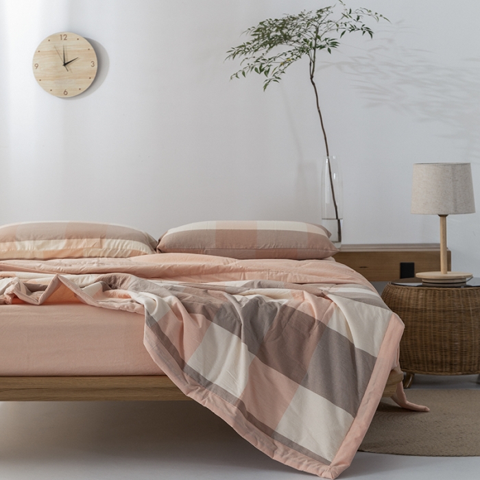 91家纺网 家纺一手货源 找家纺 棉邦 2021新款全棉水洗棉夏被四件套 蜜粉大格