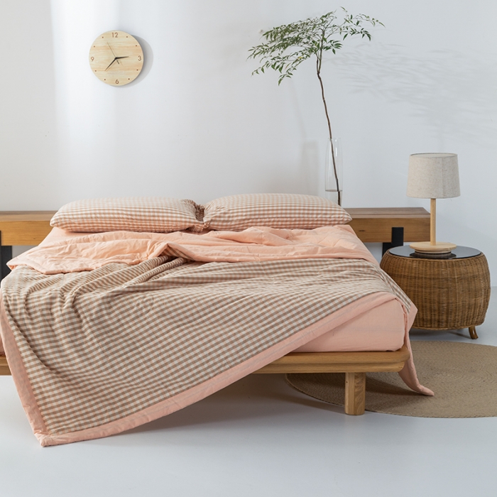 91家纺网 家纺一手货源 找家纺 棉邦 2021新款全棉水洗棉夏被四件套 蜜粉小格