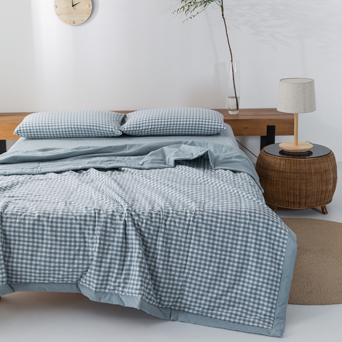 91家纺网 家纺一手货源 找家纺 棉邦 2021新款全棉水洗棉夏被四件套 天蓝小格