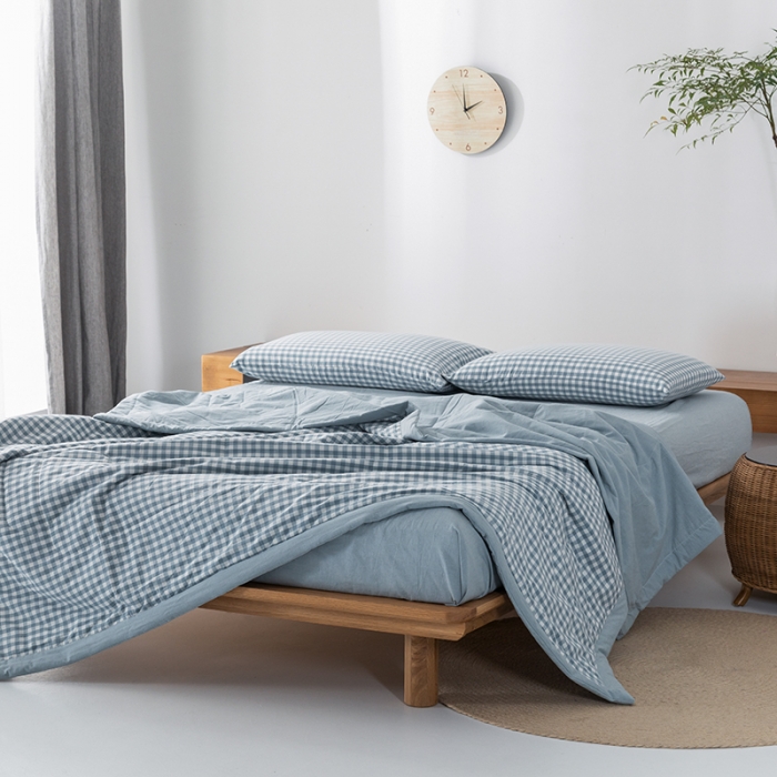 91家纺网 家纺一手货源 找家纺 棉邦 2021新款全棉水洗棉夏被四件套 天蓝小格