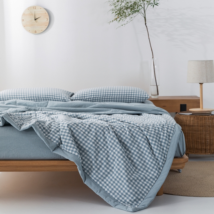 91家纺网 家纺一手货源 找家纺 棉邦 2021新款全棉水洗棉夏被四件套 天蓝小格
