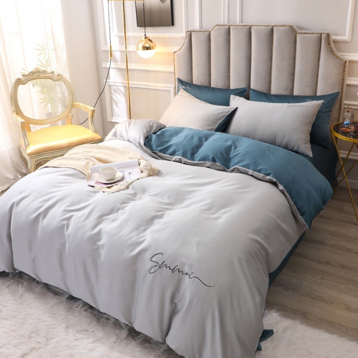 91家纺网 家纺一手货源 找家纺 （总）2023全棉纯色60S贡缎长绒棉绣花四件套 拼色长绒棉