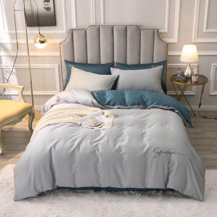 91家纺网 家纺一手货源 找家纺 2021新款纯色拼色纯棉全棉60S贡缎长绒棉绣花四件套 灰