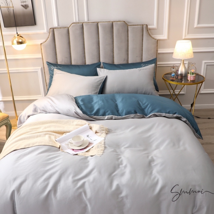 91家纺网 家纺一手货源 找家纺 2021新款纯色拼色纯棉全棉60S贡缎长绒棉绣花四件套 灰