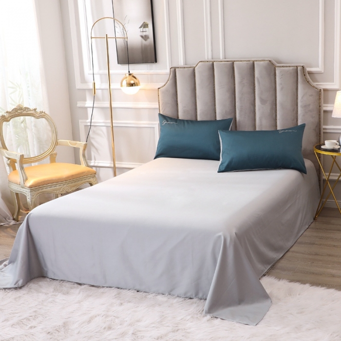 91家纺网 家纺一手货源 找家纺 2021新款纯色拼色纯棉全棉60S贡缎长绒棉绣花四件套 宝蓝