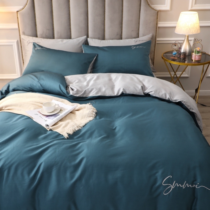 91家纺网 家纺一手货源 找家纺 2021新款纯色拼色纯棉全棉60S贡缎长绒棉绣花四件套 宝蓝