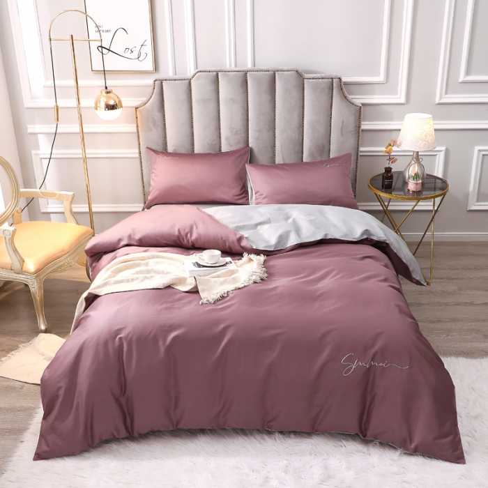 91家纺网 家纺一手货源 找家纺 2021新款纯色拼色纯棉全棉60S贡缎长绒棉绣花四件套 帛咖