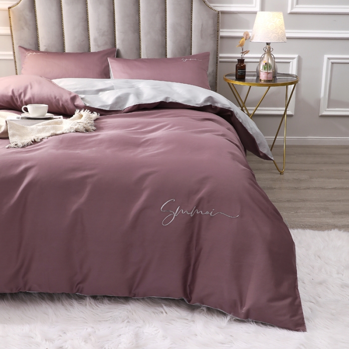 91家纺网 家纺一手货源 找家纺 2021新款纯色拼色纯棉全棉60S贡缎长绒棉绣花四件套 帛咖