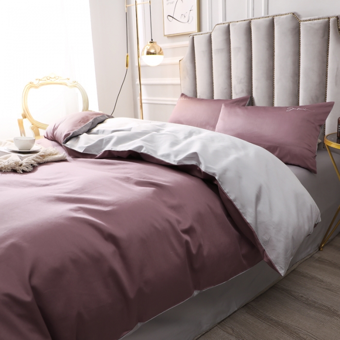 91家纺网 家纺一手货源 找家纺 2021新款纯色拼色纯棉全棉60S贡缎长绒棉绣花四件套 帛咖