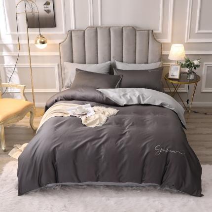 91家纺网 家纺一手货源 找家纺 2021新款纯色拼色纯棉全棉60S贡缎长绒棉绣花四件套 黑灰