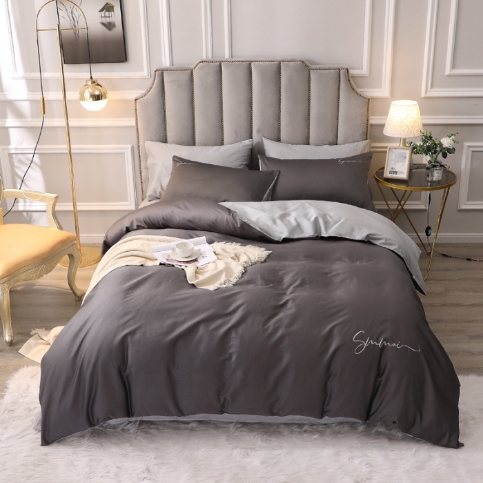 91家纺网 家纺一手货源 找家纺 2021新款纯色拼色纯棉全棉60S贡缎长绒棉绣花四件套 黑灰