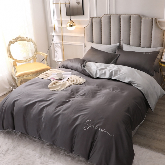 91家纺网 家纺一手货源 找家纺 2021新款纯色拼色纯棉全棉60S贡缎长绒棉绣花四件套 黑灰